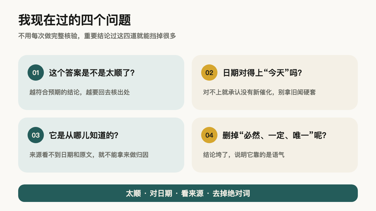 四个问题做成检查卡:是不是太顺了、日期对得上今天吗、它是从哪儿知道的、删掉绝对词还站得住吗